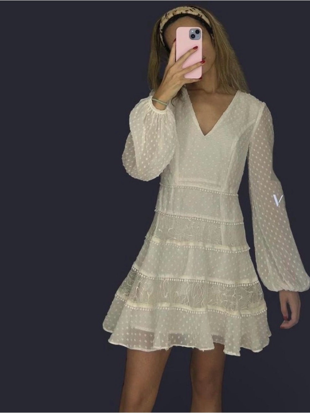 Women's Ivory Swiss Dot V-Neck Tiered Dress